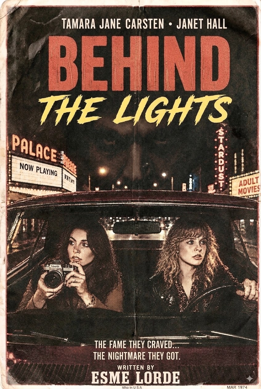 Approved Behind the Lights artwork with Tammy and Janet in a car beneath theatre lights