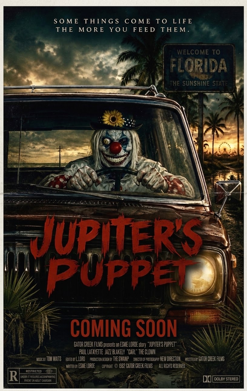 Approved Jupiter’s Puppet artwork featuring a sinister clown in a Jeep on the road to Florida
