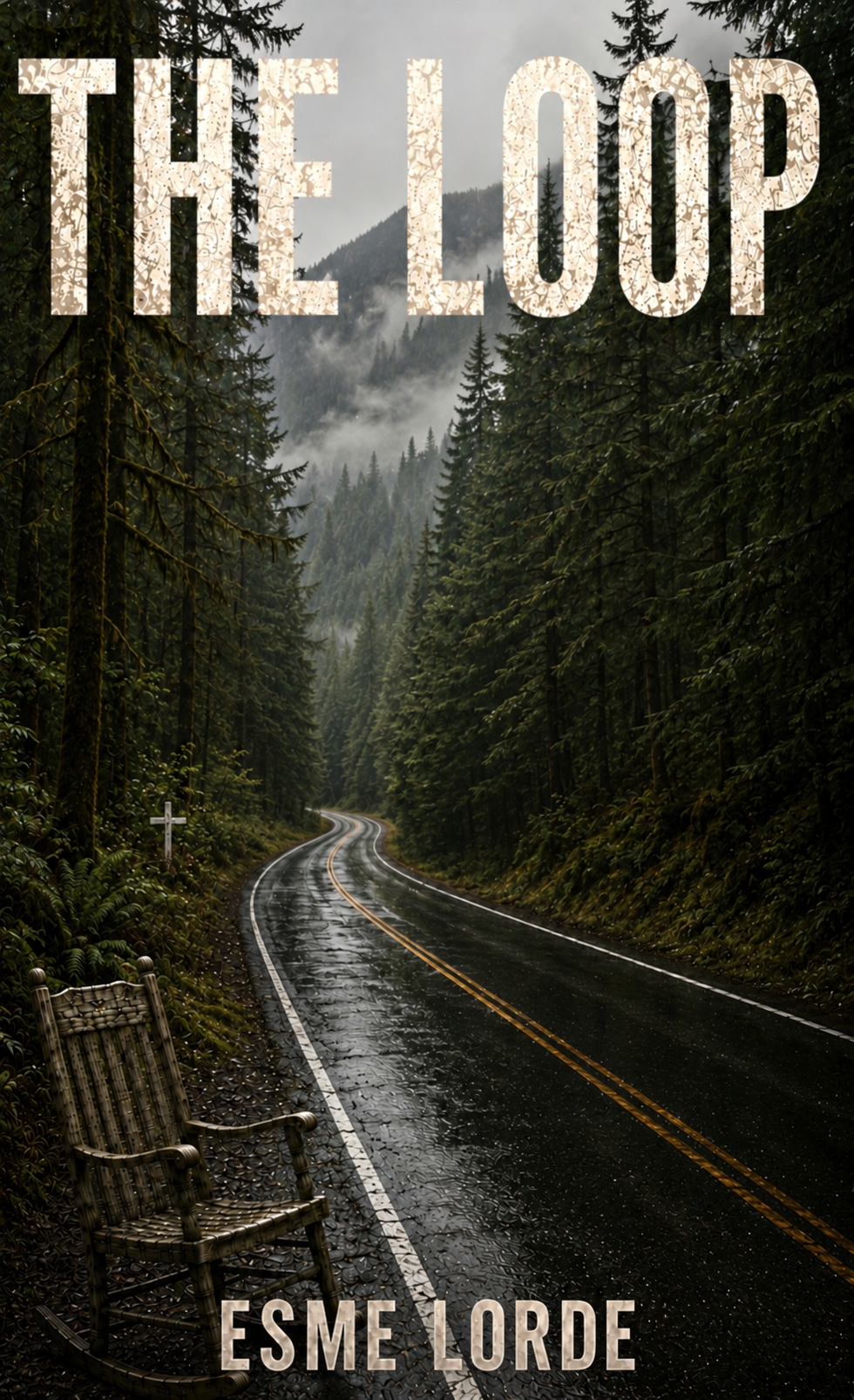 The Loop cover by Esme Lorde: a wet winding forest road, a white memorial cross, and an empty rocking chair