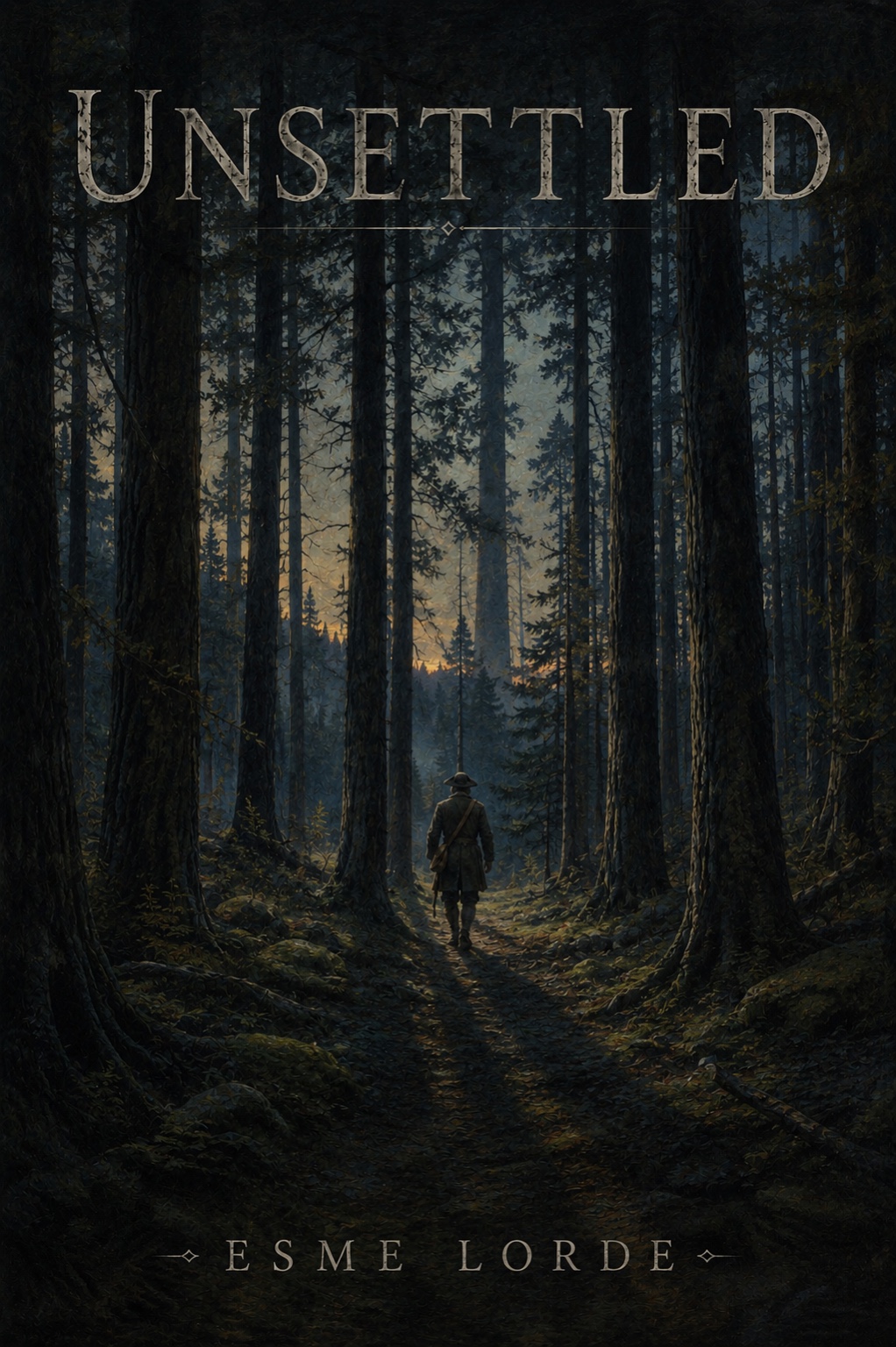 Approved Unsettled artwork showing a colonial figure entering towering dark woods